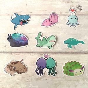 Sea Animals Ocean Sticker Bundle 9pc Set Sharks Squid Snails Jellyfish NEW